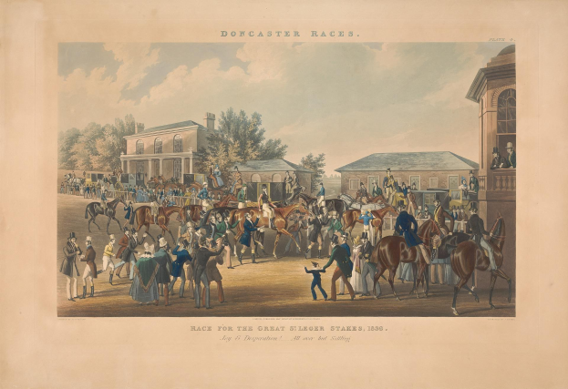 Gruppe von Menschen, die auf Pferden vor einem Gebäude mit Bäumen und Wolken im Hintergrund reiten, Text unten lautet "Doncaster Races, Race for the Great Stakes, 1839".