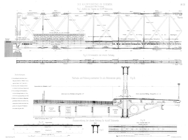 Eine detaillierte Zeichnung einer Brücke, einschließlich der Kaiserbrücke in Bremen, mit begleitendem Text, der weitere Informationen liefert.