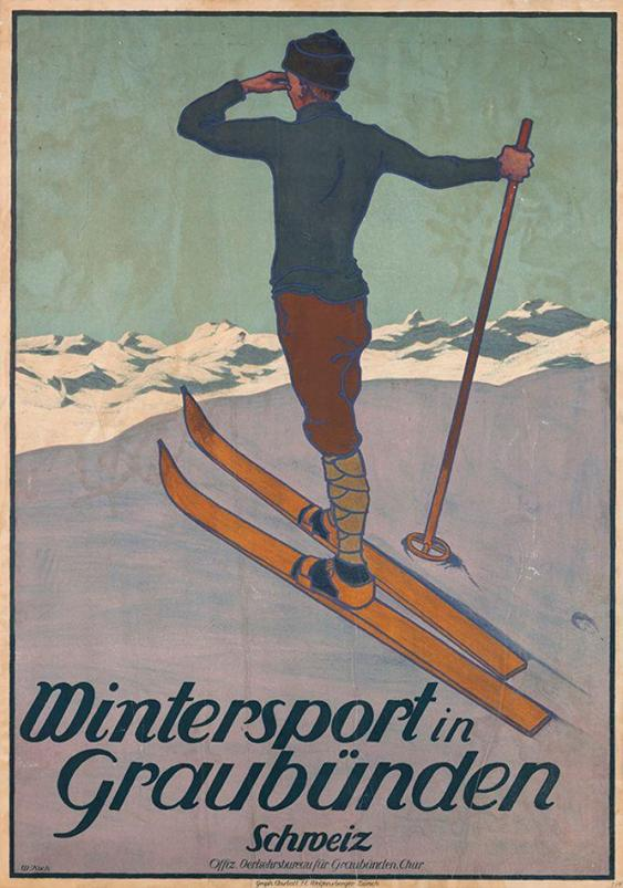 Eine Person auf Skiern mit einem Stock vor schneebedeckten Bergen auf einem Plakat, das einen Wintersport in Graubünden, Schweiz, bewirbt, mit Text, der Informationen zum Sport enthält.