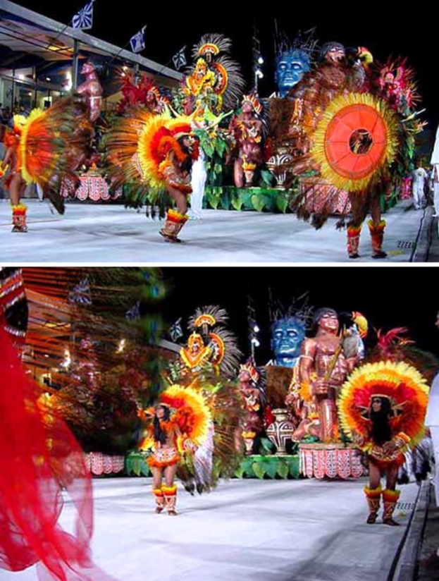 Ein Collage-Bild mit Menschen, die performen, einer Statue und einem Gebäude.