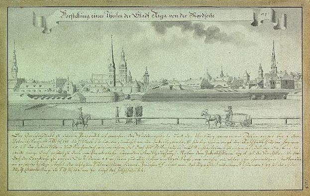 Eine Zeichnung einer Stadtlandschaft mit einer Kutsche im Vordergrund, die die Belagerung von Hamburg, Deutschland, zeigt, mit Text auf dem Papier, der die Ereignisse der Belagerung beschreibt.
