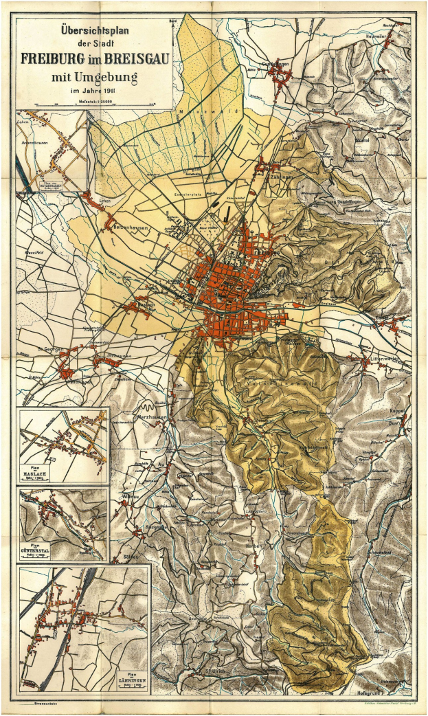 Alte detaillierte Karte von Freiburg, Deutschland, mit sichtbaren Straßen, Gebäuden und Sehenswürdigkeiten, begleitet von Text oben und unten.