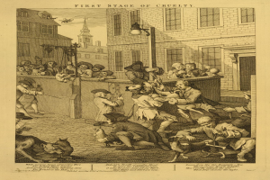 Eine Zeichnung von Menschen und Tieren vor einem Gebäude mit Fenstern und einer Laterne, mit dem Text "Erste Stufe der Grausamkeit" unten.