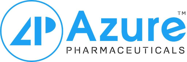 Logo von Azure Pharmaceuticals: fettes schwarzes Unternehmensnamen in einem weißen umrandeten blauen Kreis auf einem weißen Hintergrund.