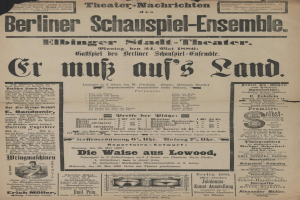 Eine alte Zeitungsanzeige aus dem Jahr 1866 für das Berliner Schauspiel-Ensemble, das einen Mann in Anzug und Krawatte zeigt, mit beschreibendem Text zum Ereignis.