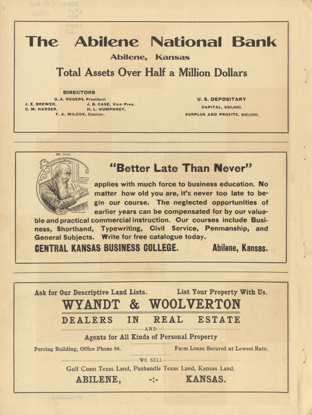 Schwarze und weiße Zeitungsanzeige für die Abilene National Bank mit einem zentralen Porträt und Text, der ihre Dienstleistungen beschreibt.