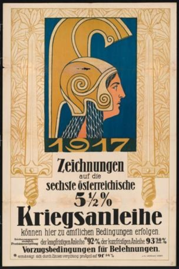 Plakat für ein 1917er Berlin-Konzert mit einer Frau in einem Helm, die ein Schwert hält, mit Text.