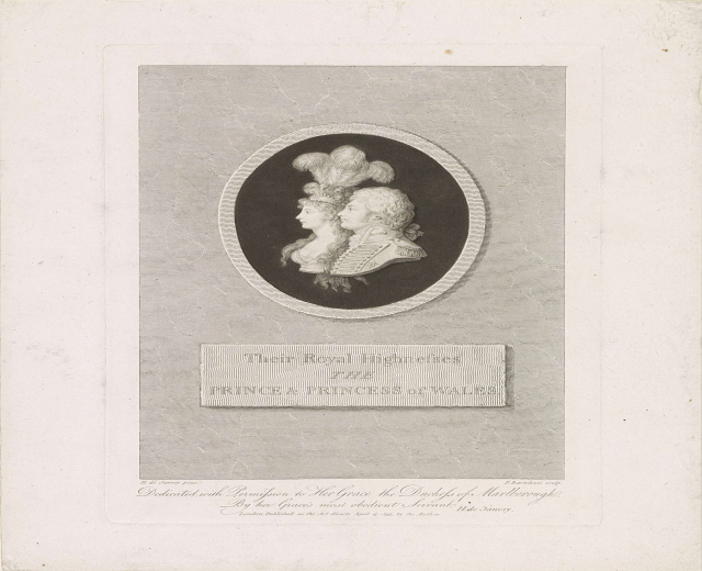 Schwarzes-weißes Bild eines Papiers mit einem Foto des Prinzen und der Prinzessin von Wales neben gedrucktem Text.