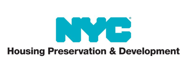 Weißer Hintergrund mit zentrierter fetter schwarzer Schrift "NYC Housing Preservation & Development" in moderner Schriftart, umrandet von einem schmalen schwarzen Rahmen.