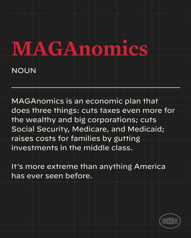 Plakat mit fettem schwarzem Text auf einem weißen Hintergrund, eingerahmt von einem schmalen schwarzen Rand, der "Maganomics: Ein Wirtschaftsplan, der drei Dinge tut - Steuern weiter für Wohlhabende und große Unternehmen senken."