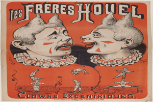 Ein Zirkusposter mit zwei Clowns in bunten Kostümen mit fröhlichen Gesichtern, begleitet von beschreibendem Text.