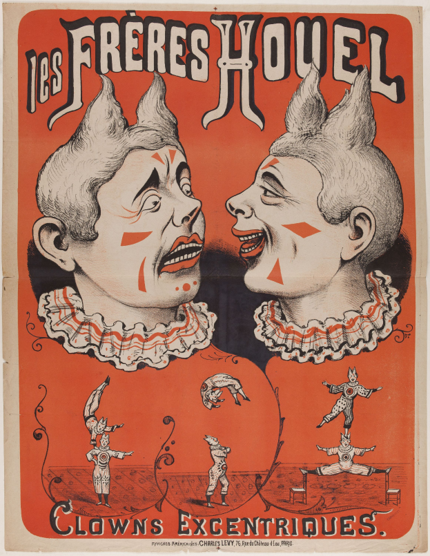 Ein Zirkusposter mit zwei Clowns in bunten Kostümen mit fröhlichen Gesichtern, begleitet von beschreibendem Text.