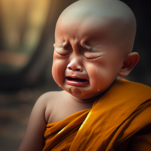 Ein Baby, das mit Tränen im Gesicht weint, die Augen geschlossen und den Mund weit aufgerissen, vor einem unscharfen Hintergrund.