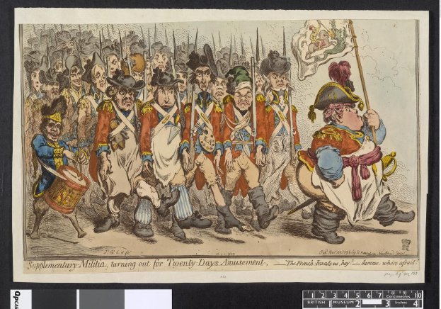 Gruppe von Männern in Militäruniformen marschiert auf einer Straße, einer hält einen Stock in der Hand, mit dem Text 'Ergänzungsmilitär, Ausmarsch für Zwanzig-Tage-Vergnügen' unten.