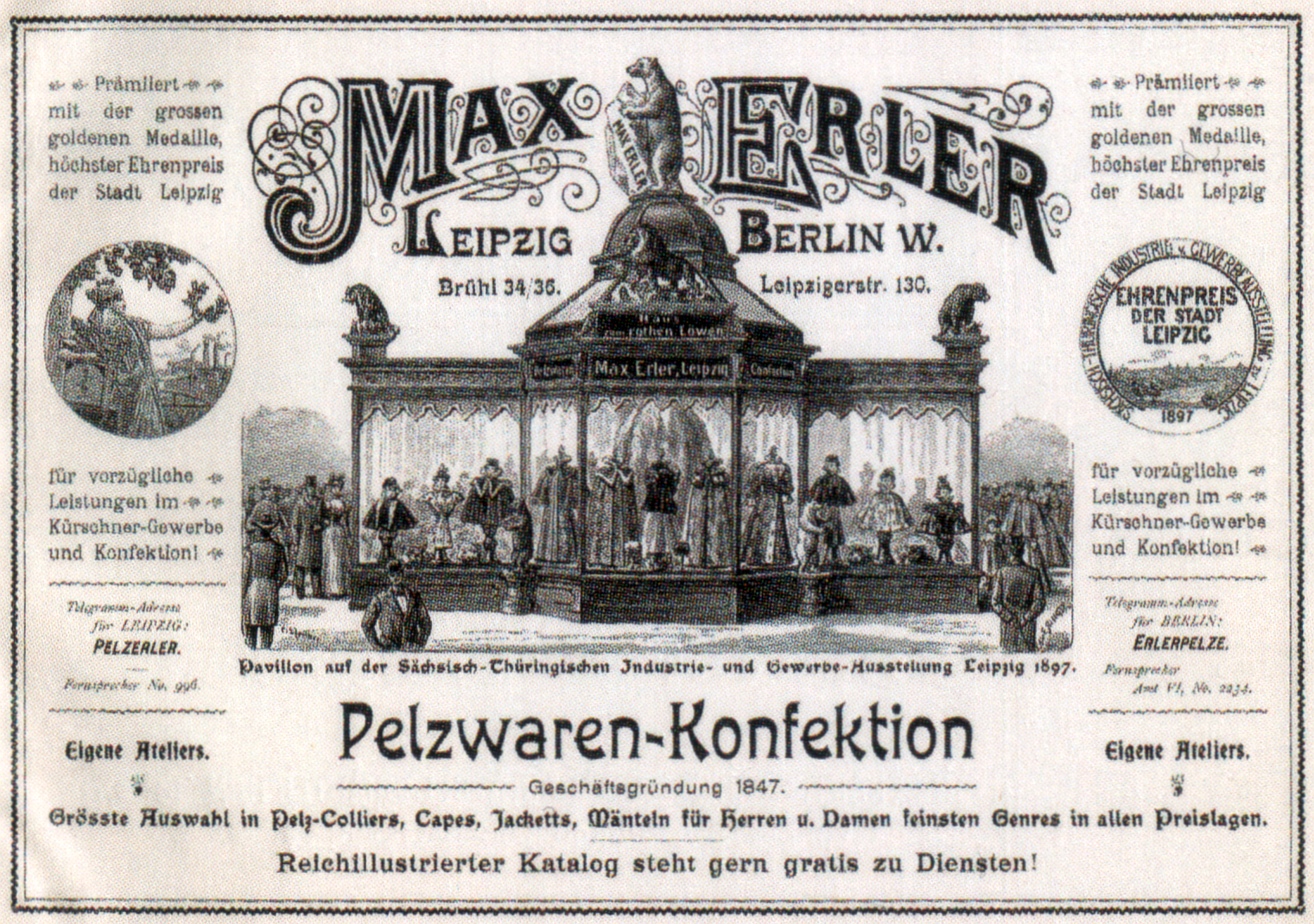 Eine Vintage-Werbung für Max Erler Leipzig in Berlin, Deutschland, die eine Gruppe von Menschen vor einem Gebäude zeigt, mit Text, der ein Ereignis ankündigt.