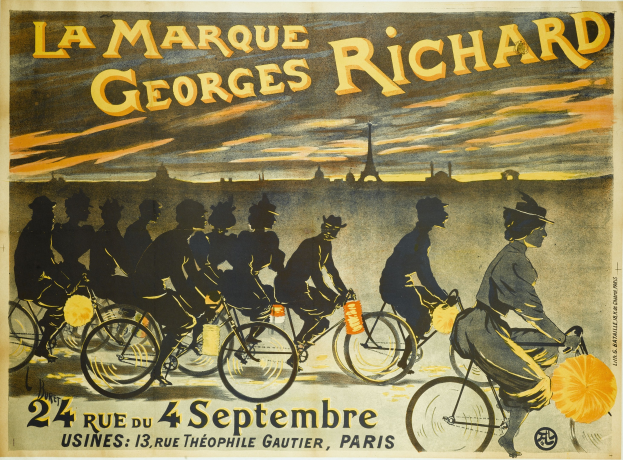 Plakat für ein Fahrradrennen in Paris, Frankreich, mit einer Gruppe von Radfahrern und dem Eiffelturm im Hintergrund, mit Texten zu den Einzelheiten des Ereignisses.