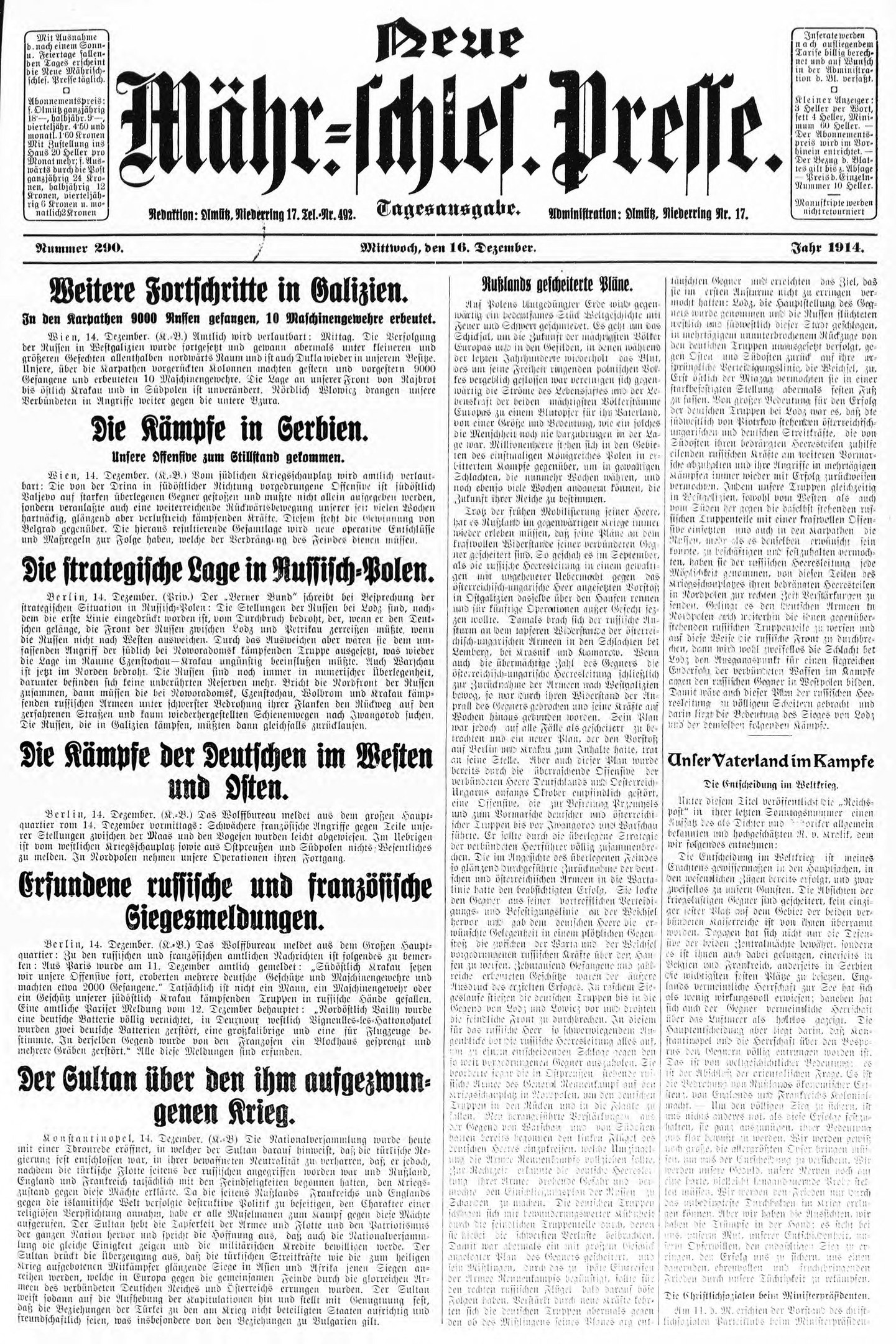 Titelseite einer deutschen Zeitung vom 18. September 1914 mit einem Schwarz-Weiß-Porträt eines Mannes im Anzug und Krawatte mit der Überschrift "Deutsches Reichstag, Bd. 1, Nr. 1".