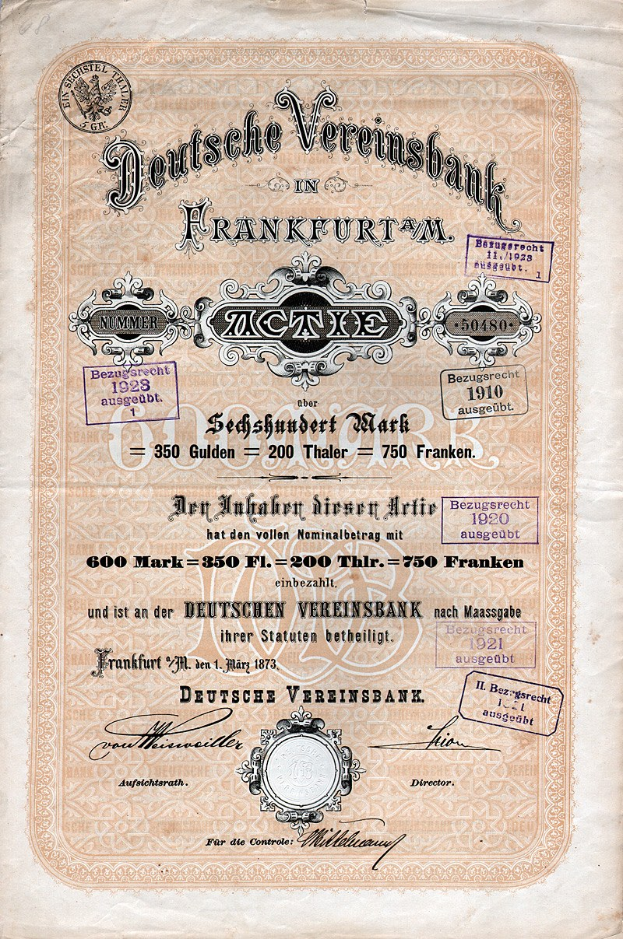 Altes deutsches Aktienzertifikat der Deutschen Vereinsbank in Frankfurt, auf Papier gedruckt