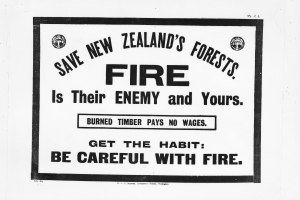 Ein Schwarz-Weiß-Plakat mit der Aufschrift "Schützt Neuseelands Wälder, Feuer ist ihr und euer Feind"
