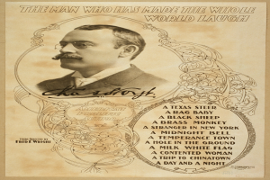 Ein Mann mit Schnurrbart, Brille und ernstem Gesichtsausdruck, der einen Anzug und eine Krawatte trägt, mit dem Text "Der Mann, der die ganze Welt zum Lachen gebracht hat" darüber.