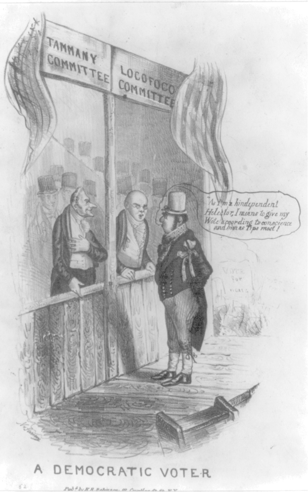 Ein Mann im Anzug steht entschlossen vor einer Tür mit der Aufschrift "Ein demokratischer Wähler".