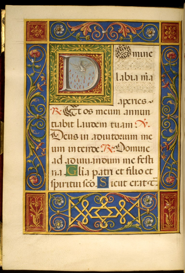 Illuminierte Manuskriptseite mit einem großen verzierten Buchstaben 'D', umgeben von detaillierten Entwürfen und Text in leuchtenden Farben.