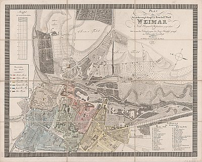 Ein detaillierter alter Stadtplan von Weimar, Deutschland, der Straßen, Gebäude, Sehenswürdigkeiten und Text enthält, der Informationen über die Bevölkerung und bekannte Orte bereitstellt.