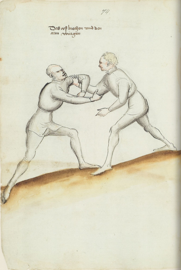 Zwei Männer in einer körperlichen Auseinandersetzung, einer wirft einen Schlag auf den anderen und steht auf einem Papier mit gedrucktem Text.