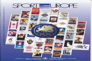 Ein Buchumschlag mit der Aufschrift "Sporting Europe" in leuchtenden Farben und detaillierten Designs, der Olympische Symbole und verwandte Bilder zeigt.