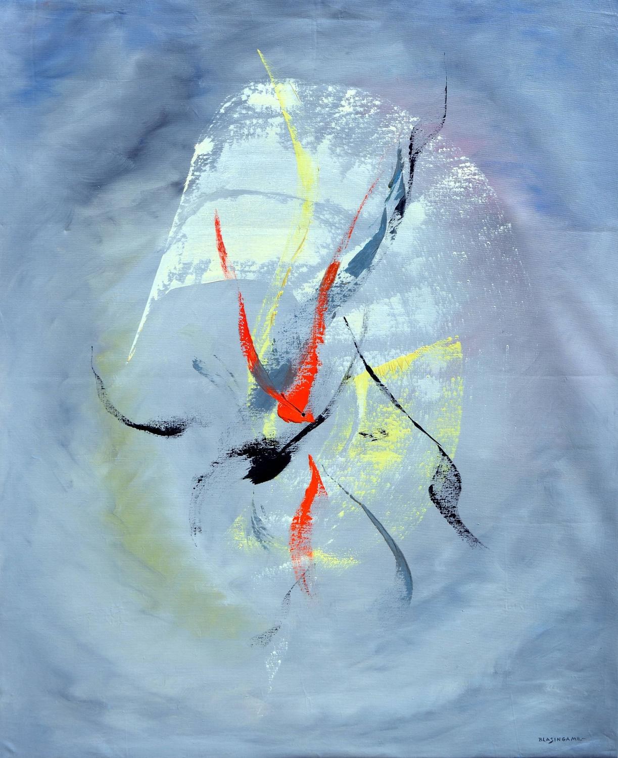 Abstrakte Malerei mit Acryl auf Leinwand, mit grauen Tönen, roten und gelben Akzenten auf einem blauen Hintergrund.