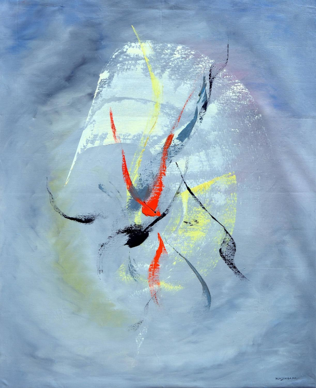 Abstrakte Malerei mit Acryl auf Leinwand, mit grauen Tönen, roten und gelben Akzenten auf einem blauen Hintergrund.