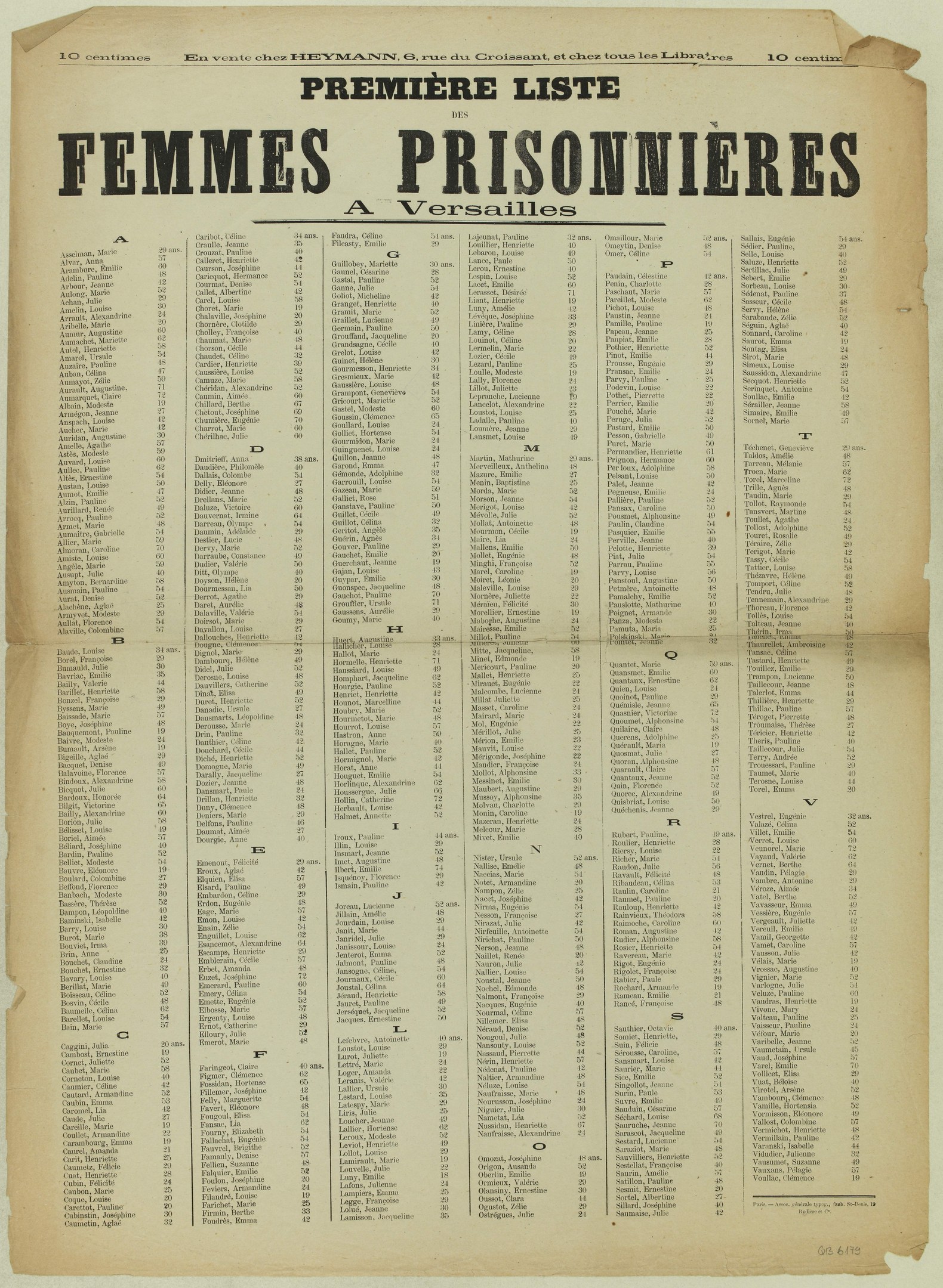 Ein altes, gelbliches Buch mit einer Liste von Frauenhäftlingsnamen in zwei Spalten, wobei die erste Spalte die Namen enthält und die zweite Spalte sie in schwarzer Tinte wiederholt.