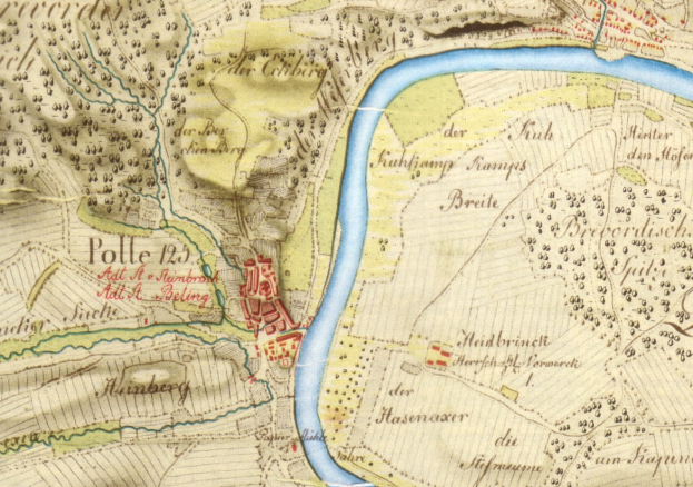 Detaillierte alte Karte von Polle, Deutschland, mit einem Fluss, Straße, Gebäude und anderen Merkmalen.