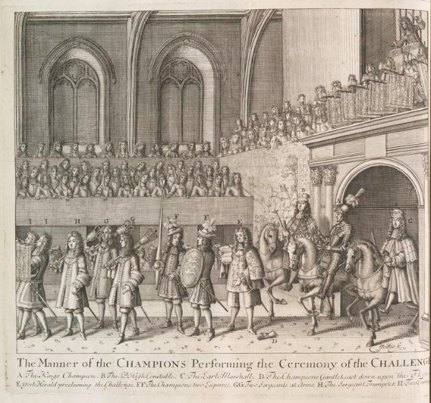 Eine Zeichnung einer Gruppe von Menschen, einige zu Pferd, die vor einer Menge mit einem Gebäude im Hintergrund stehen, mit Text unten, der "Die Art und Weise der Champions bei der Zeremonie der Herausforderung" liest.