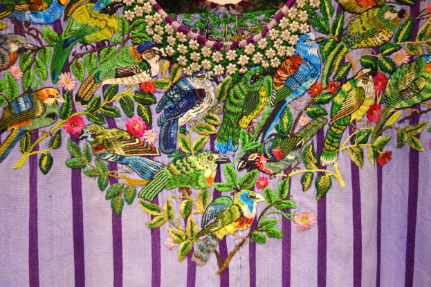 Ein Detailbild eines Kleides mit aufwändiger Stickerei von farbenfrohen Vögeln, Blumen und Blättern.