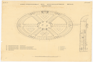 Ein detailliertes Zeichnung des Reichshauptbank in Berlin, Deutschland, ein kreisförmiges Gebäude mit zahlreichen Fenstern, begleitet von Text und einem Layout-Plan.