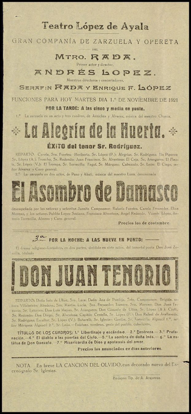 Eine alte Zeitungsanzeige für ein Konzert mit Don Juan Tenorio, mit Text zur Beschreibung des Ereignisses.