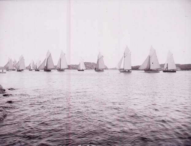 Ein Schwarz-Weiß-Foto von mehreren Segelbooten auf dem Wasser mit Hügeln im Hintergrund und einem klaren Himmel, mit Text unten, der es als Foto des New York Yacht Club identifiziert.