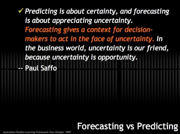 Schwarzer Hintergrund mit weißer Schrift, die den Text 'Forecasting vs Predicting: Predicting is about certainty, and forecasting is about appreciating uncertainty.' anzeigt.