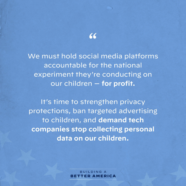 Plakat mit einem Zitat aus Building a Better America, das soziale Medienplattformen für die Experimente an Kindern zur Gewinnerzielung zur Rechenschaft ziehen muss, verziert mit Sternen.