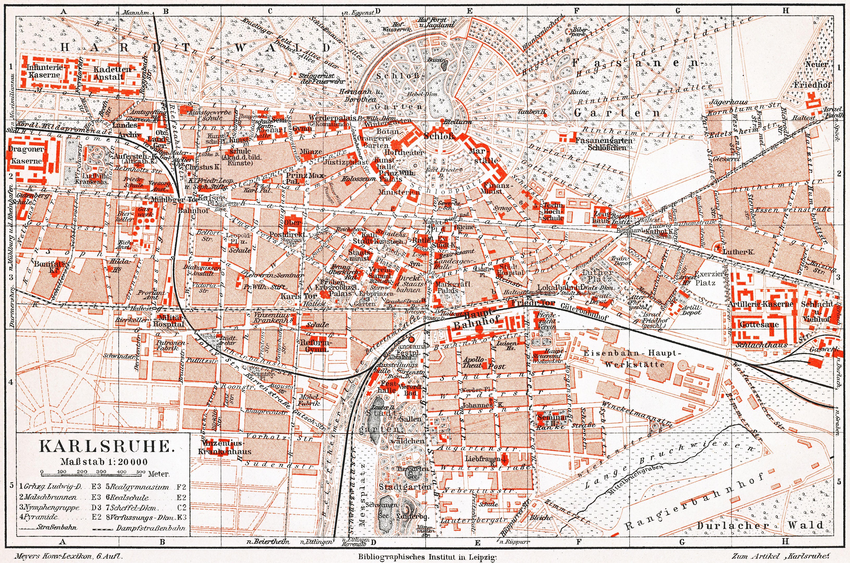 Ein detaillierter Stadtplan von Karlsruhe, Deutschland aus dem Jahr 1900, mit Text und umfassender Stadtlayout.