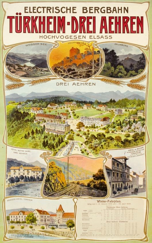 Plakat bewirbt Bergbahn, Deutschland als Elektrostadt mit Bildern von Gebäuden, Bäumen, Hügeln und Text.