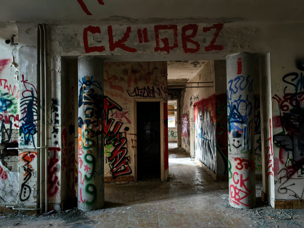 Verwahrloster Bau mit graffiti-bedeckten Wänden, Säulen, freiliegenden Rohren und einem sichtbaren Boden, der eine Tür im Hintergrund zeigt.