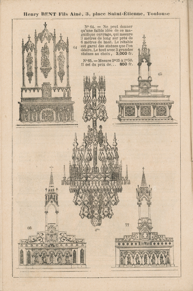 Ein aufgeschlagenes Buch mit einer Zeichnung einer Kronleuchter, begleitet von Text, der detaillierte Informationen über dessen Design enthält.
