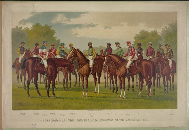 Gruppe von Menschen auf Pferden auf einer grünen Wiese mit Bäumen und einem blauen Himmel, mit dem Text "Feier der Siegerpferde und Jockeys des amerikanischen Turfs" unten.