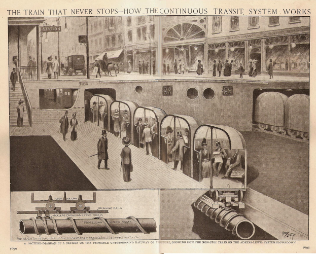 Ein Artikel mit Bildern von Menschen, Zügen und anderen Gegenständen neben einem Text mit der überschrift "Der Zug, der nie aufhört - wie das kontinuierliche Transportsystem funktioniert".