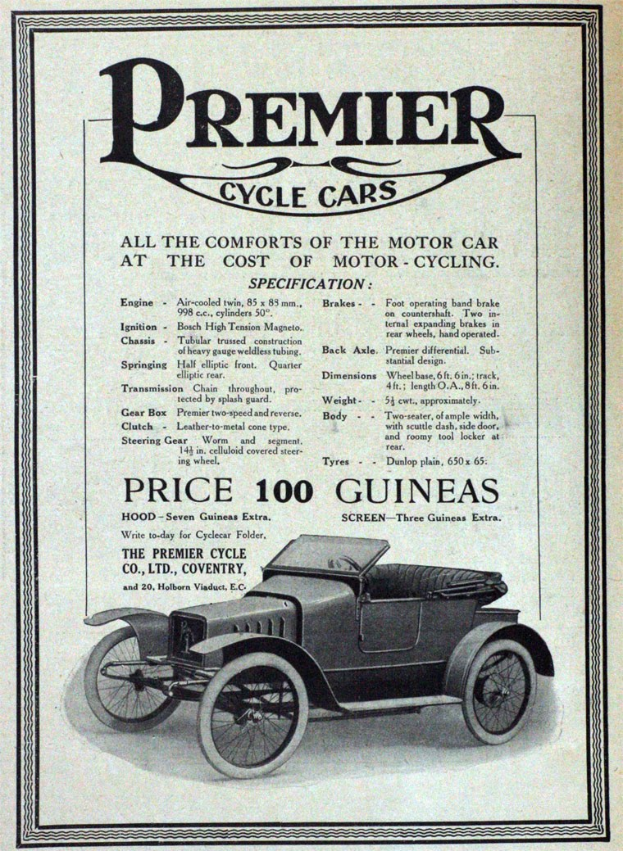 Werbeposter für Premier Cycle Cars mit einem klassischen schwarzen Auto mit schlankem Design und dem Text "Premier Cycle Cars" in Weiß.